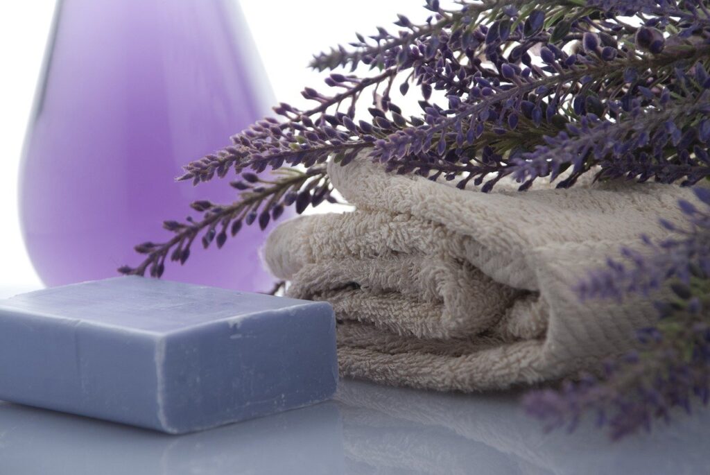 lavender, soap, towels